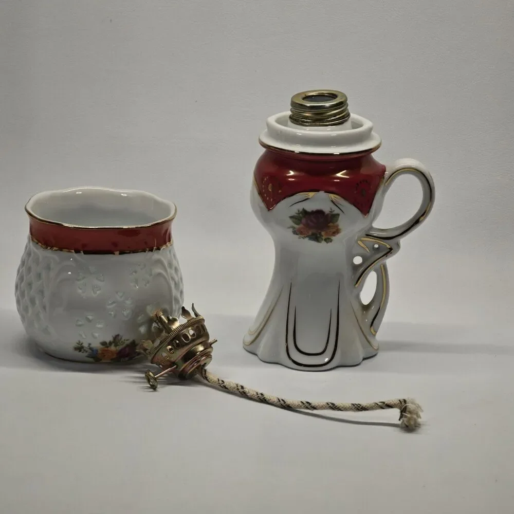 Vintage Porcelain Oil Lamp Reticulated Shade Floral Burgundy Gold Finger Handle